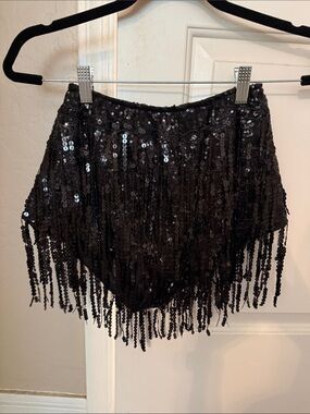 Black Sequin Fringe Mini Shorts